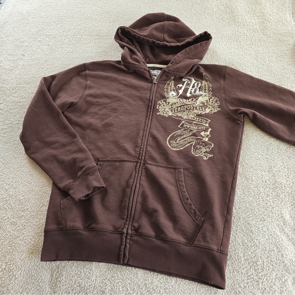 Aeropostale Y2K Brown Full-zip Grunge Hoodie Snake Crest Streetwear Sz S Unisex